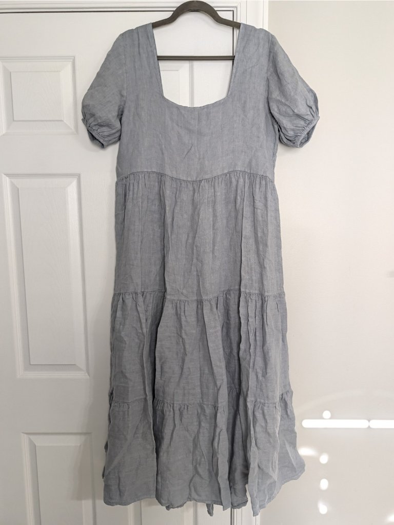 Beachwood Baby The Paloma Dress Grey Blue Linen Tiered Puff Sleeve Flowy Sz M/L — image 2 of 8